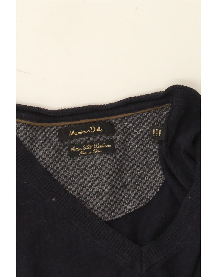 Massimo Dutti Mens V-Neck Jumper Sweater Large Navy Blue Cotton