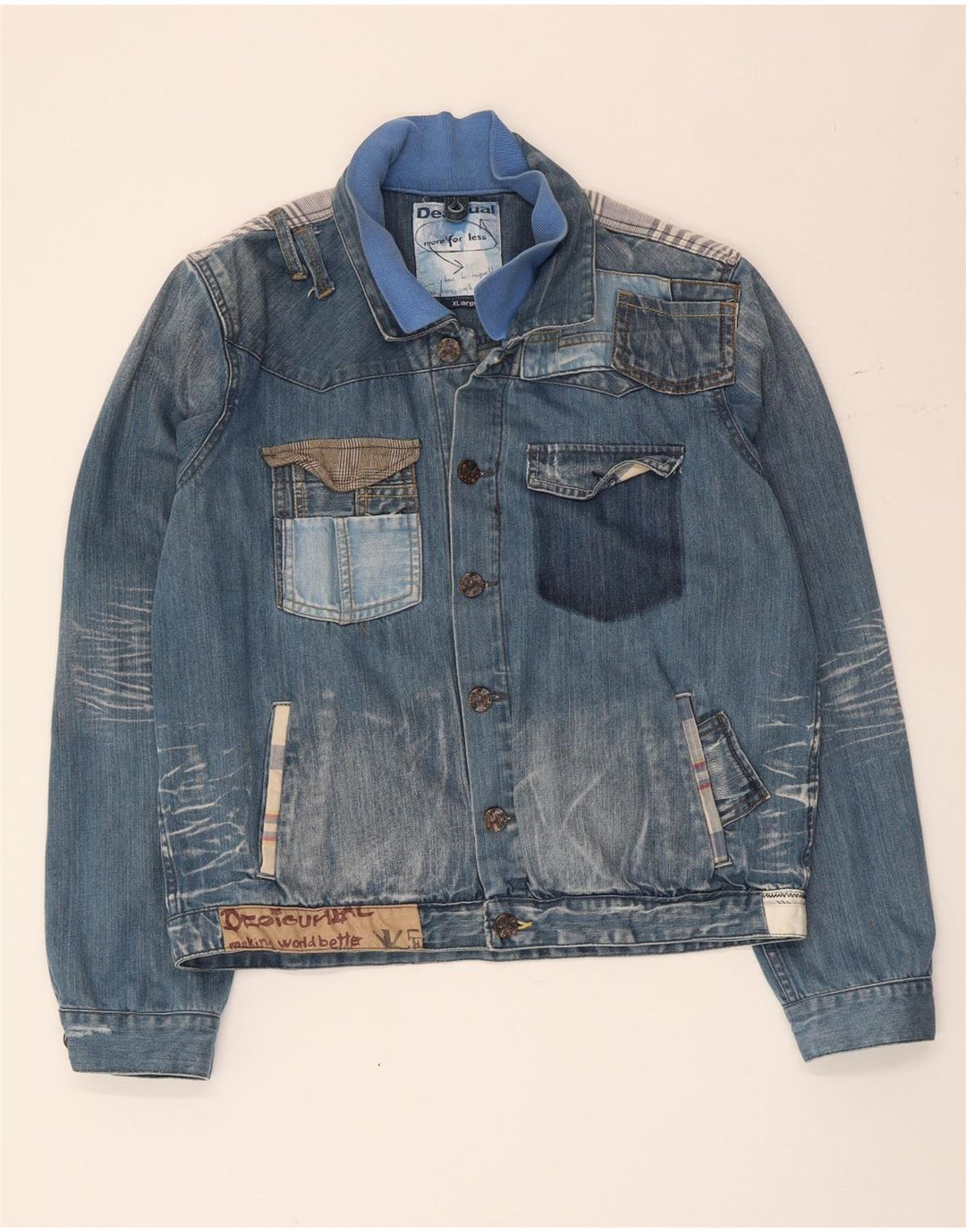 Desigual Mens Graphic Denim Jacket UK 42 XL Blue Patchwork Cotton