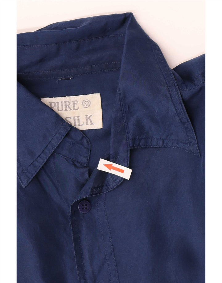 Vintage Mens Short Sleeve Shirt Medium Navy Blue Silk