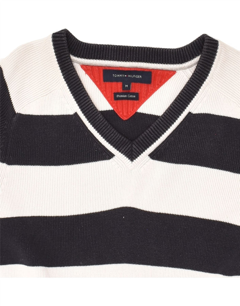 TOMMY HILFIGER Mens V-Neck Jumper Sweater Medium Black Striped Cotton | Vintage Tommy Hilfiger | Thrift | Second-Hand Tommy Hilfiger | Used Clothing | Messina Hembry 