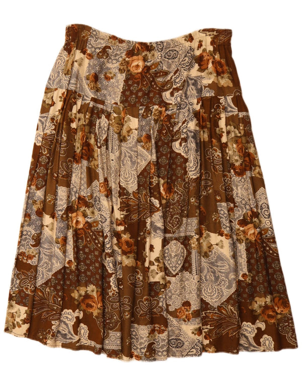 Vintage Womens Pleated Flared Skirt W36 XL Brown Floral Viscose