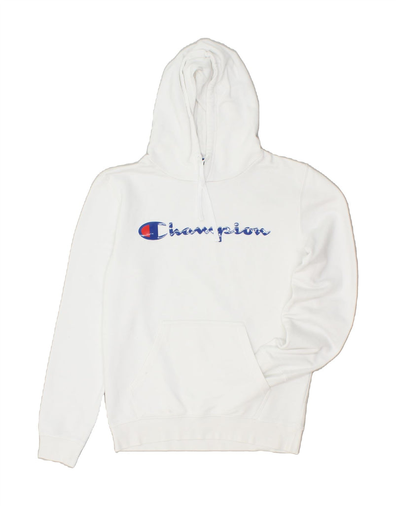 CHAMPION Mens Graphic Hoodie Jumper Medium White Cotton | Vintage Champion | Thrift | Second-Hand Champion | Used Clothing | Messina Hembry 