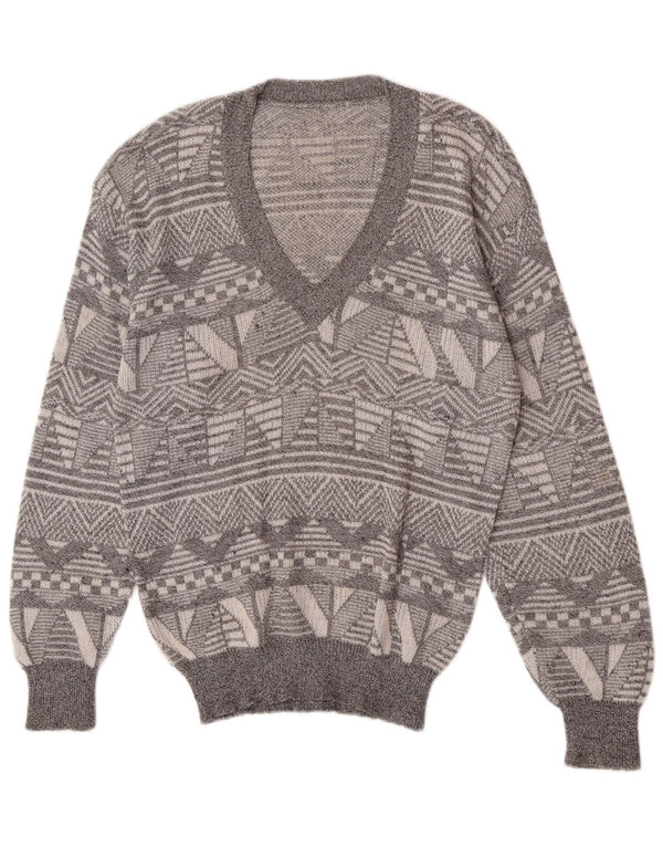 Vintage Mens V-Neck Jumper Sweater IT 52 Large Grey Geometric Cotton