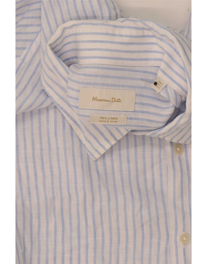 Massimo Dutti Mens Shirt Large Blue Pinstripe Linen