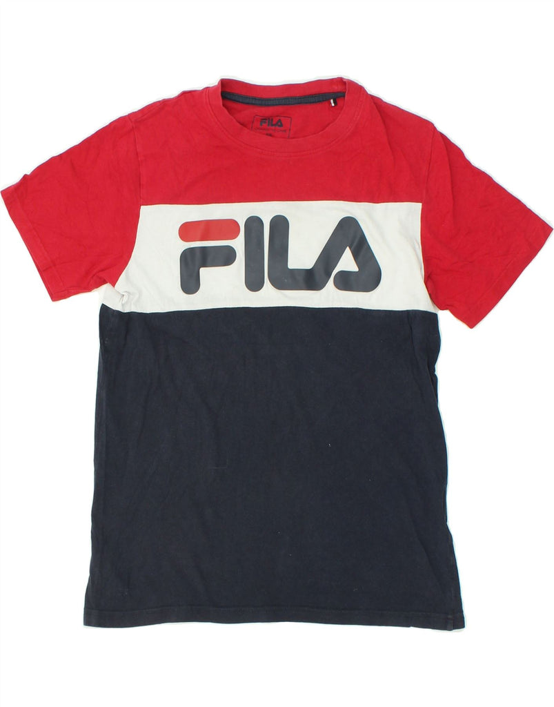 FILA Womens Graphic T-Shirt Top UK 6 XS Navy Blue Colourblock Cotton | Vintage Fila | Thrift | Second-Hand Fila | Used Clothing | Messina Hembry 