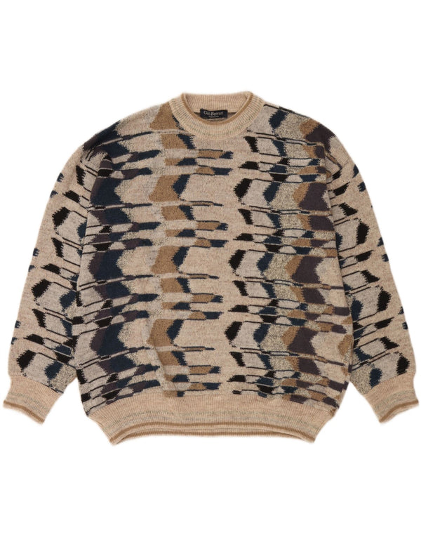 gio ferrari Mens Crew Neck Jumper Sweater XL Beige Geometric Merino Wool
