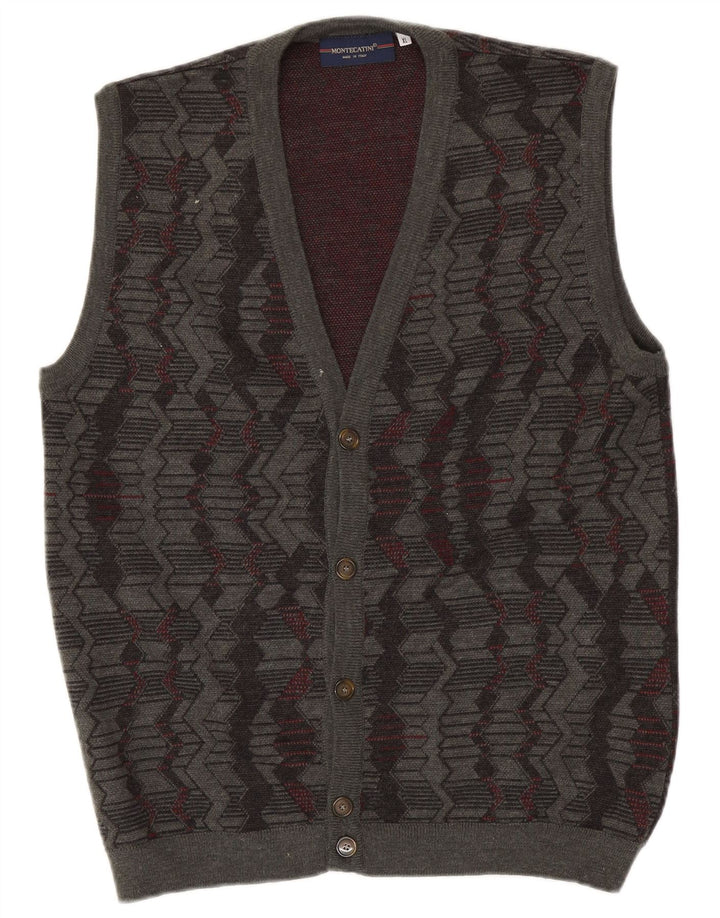 Montecatini Mens Sleeveless Cardigan Sweater XL Grey Geometric Wool