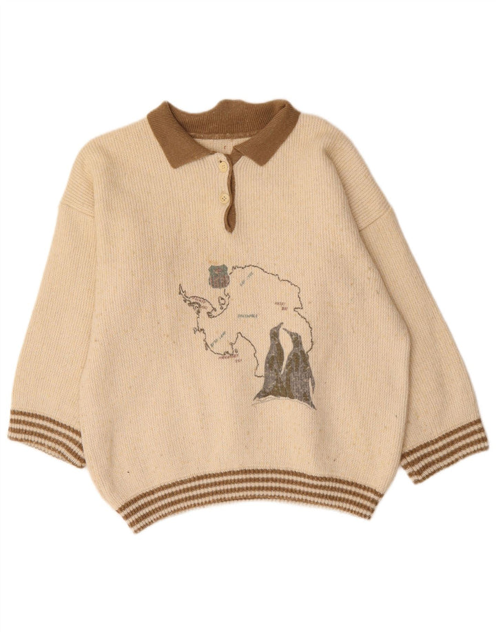 VINTAGE Womens Graphic Polo Neck Jumper Sweater UK 16 Large Off White