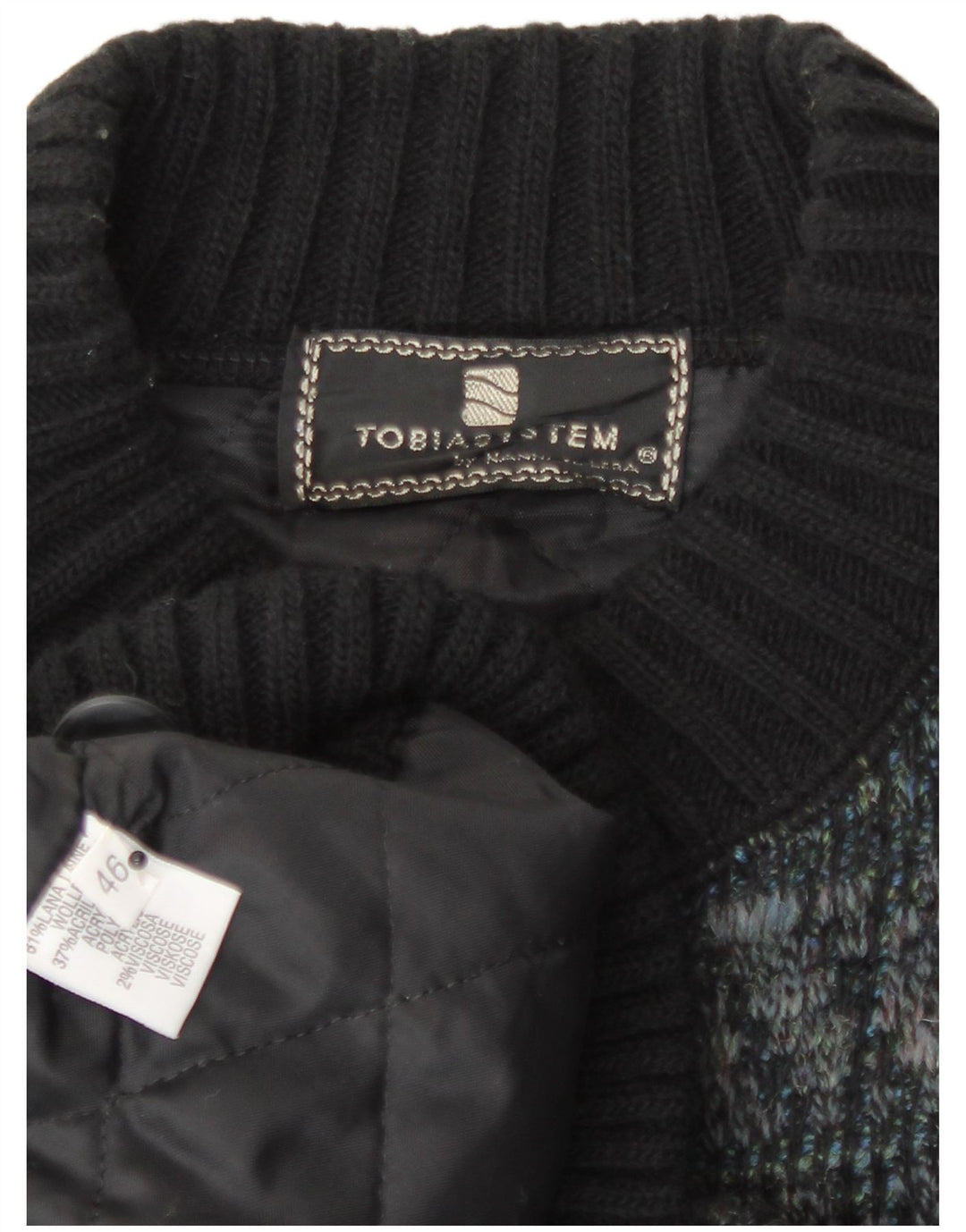 Tobia System Mens Knit Bomber Jacket EU 46 Small Navy Blue Check Wool Retro