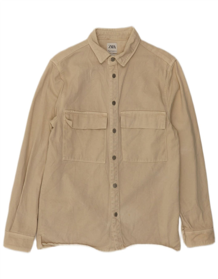 ZARA Mens Relaxed Fit Denim Shirt Medium Beige Cotton