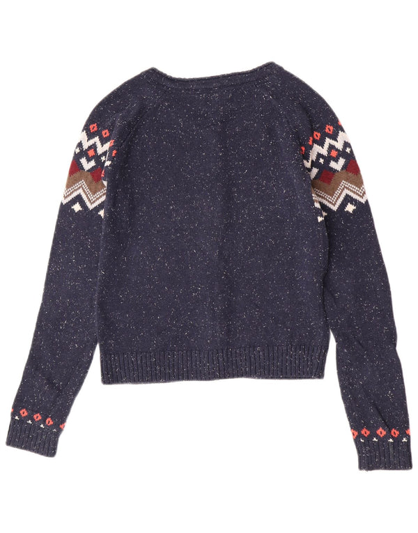 Fat Face Womens Cardigan Sweater UK 8 Small Navy Blue Fair Isle Cotton