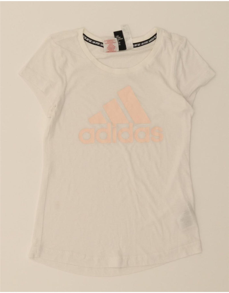 ADIDAS Girls Graphic T-Shirt Top 9-10 Years White Polyester Vintage Adidas and Second-Hand Adidas from Messina Hembry 