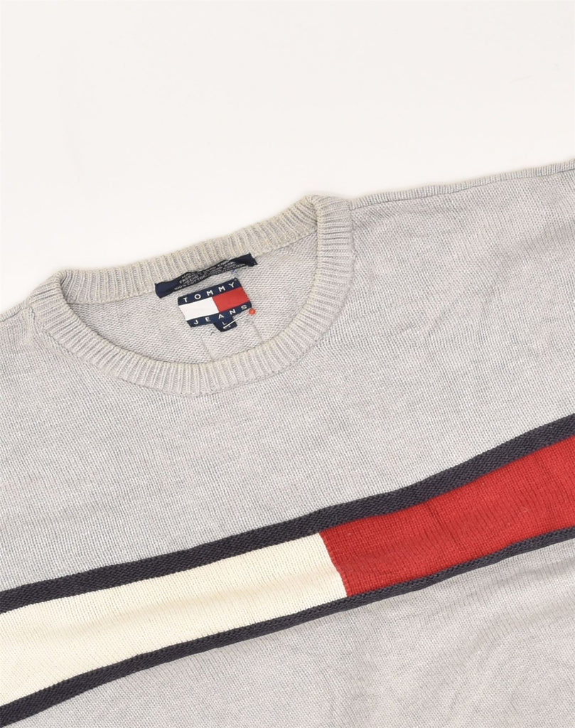 TOMMY HILFIGER Mens Graphic Crew Neck Jumper Sweater Large Grey Cotton | Vintage Tommy Hilfiger | Thrift | Second-Hand Tommy Hilfiger | Used Clothing | Messina Hembry 