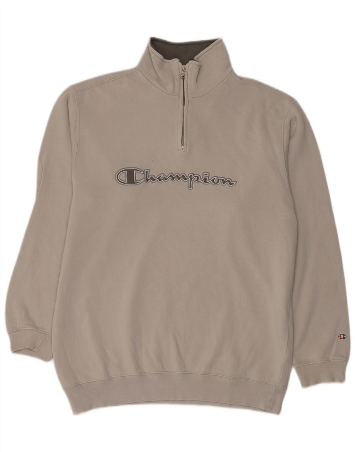 Champion Mens Graphic Zip Neck Sweatshirt Jumper Large Grey Cotton