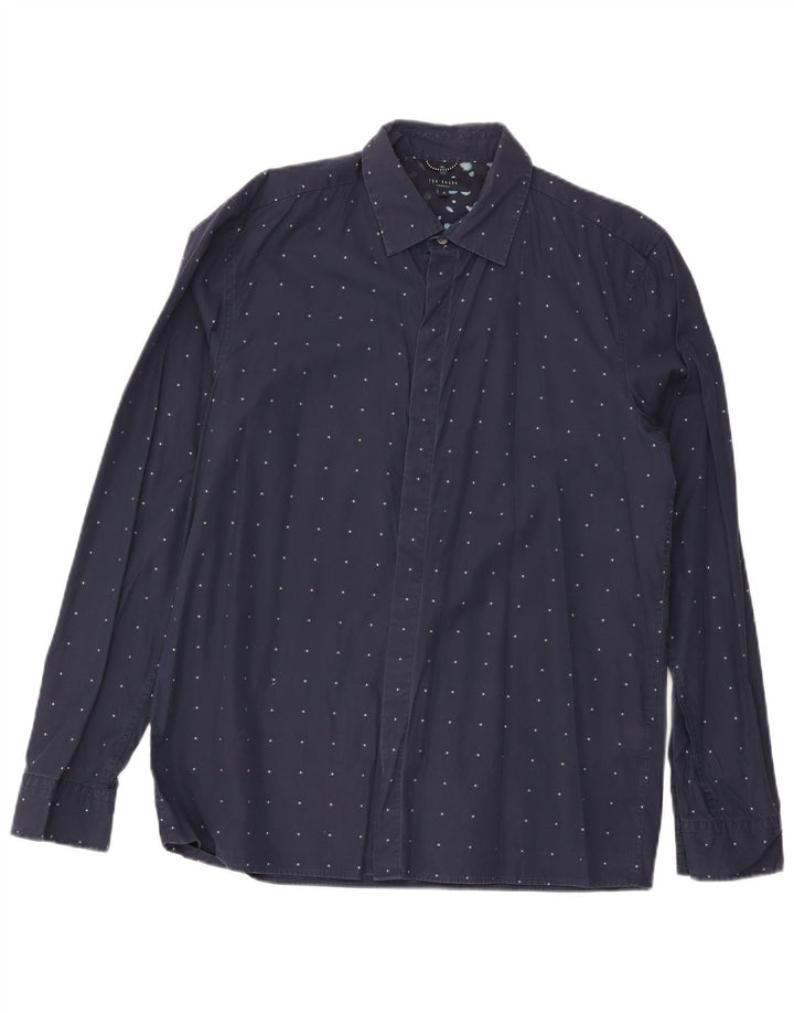 Ted Baker Mens Shirt Size 4 Large Navy Blue Spotted Cotton