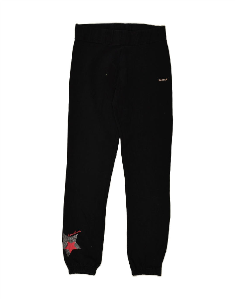 REEBOK Womens Graphic Tracksuit Trousers Joggers UK 10 Small Black Cotton | Vintage Reebok | Thrift | Second-Hand Reebok | Used Clothing | Messina Hembry 