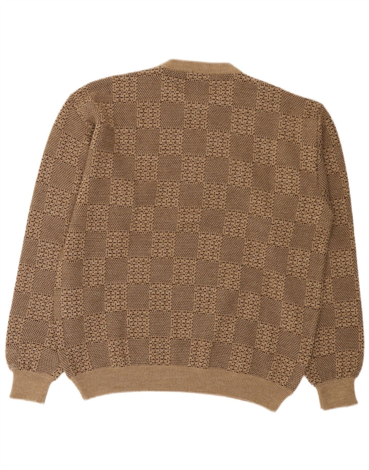 Vintage Mens Crew Neck Jumper Sweater Large Beige Geometric Wool