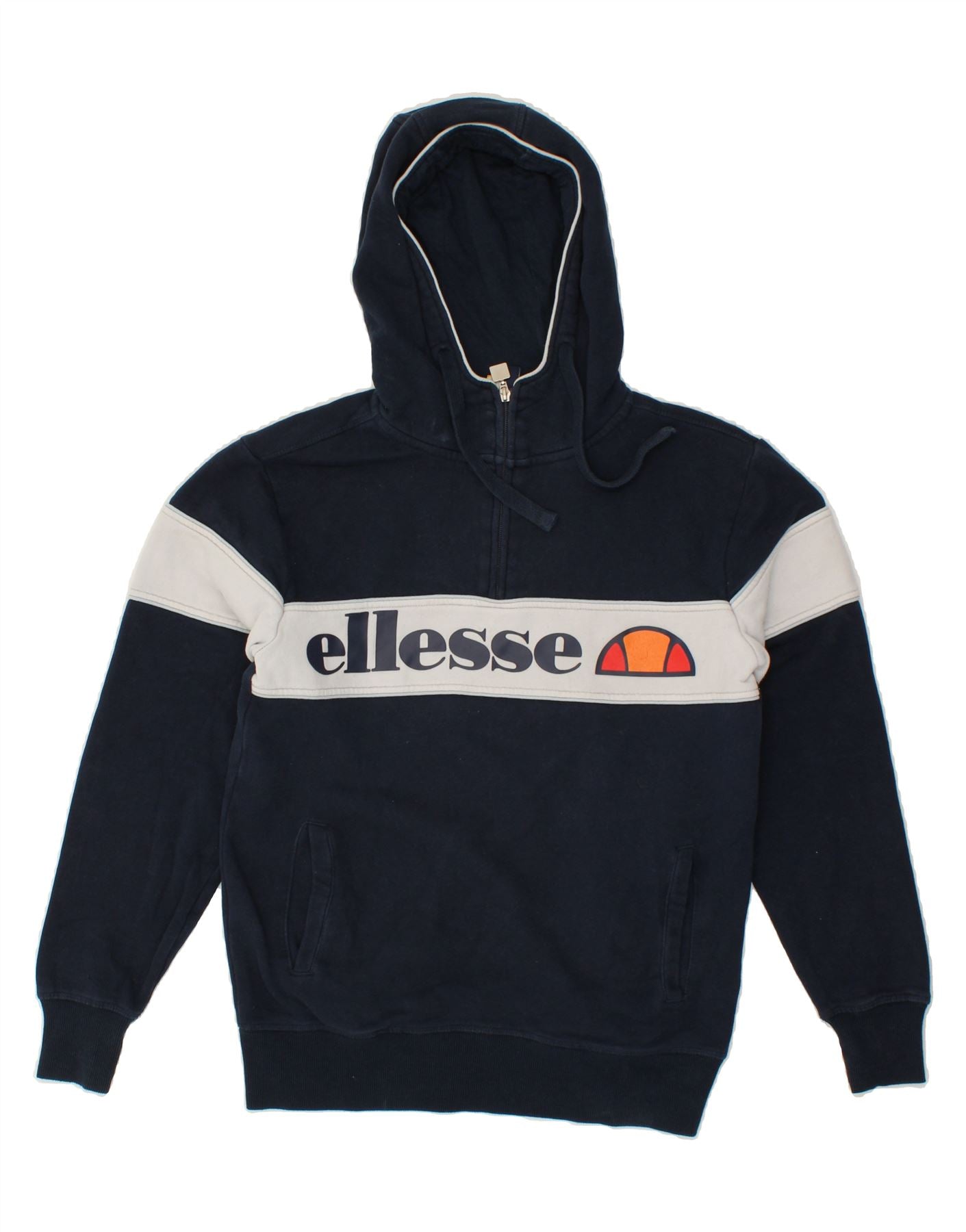 ELLESSE Mens Graphic Zip Neck Hoodie Jumper Medium Navy Blue Colourblock