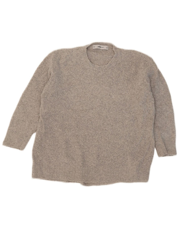 Zara Womens 3/4 Sleeve Oversized Crew Neck Jumper Sweater UK 10 Small Grey