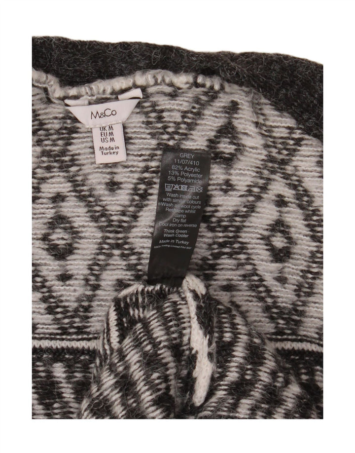 M&CO Womens Open Cardigan Sweater UK 14 Medium Grey Argyle/Diamond Acrylic