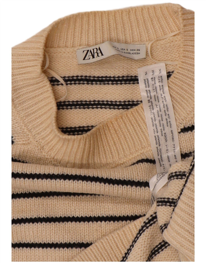 ZARA Womens Crop Boat Neck Jumper Sweater UK 10 Small Off White Striped