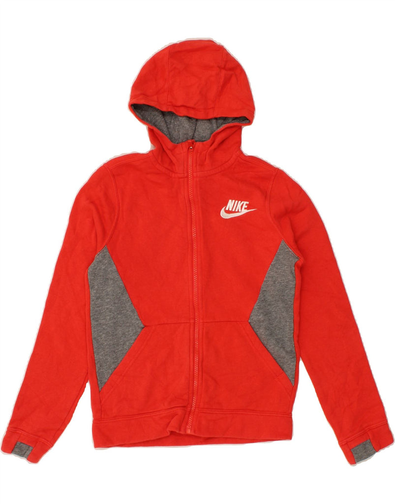 NIKE Girls Zip Hoodie Sweater 10-11 Years Medium Red Colourblock Cotton Vintage Nike and Second-Hand Nike from Messina Hembry 