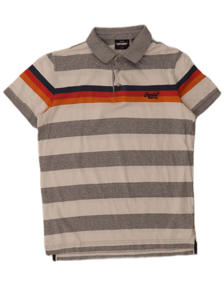 Superdry Mens Polo Shirt Large Grey Striped Cotton