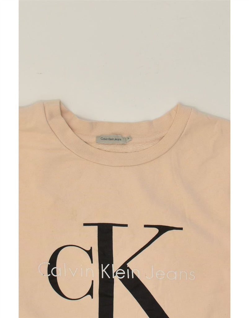 CALVIN KLEIN Womens Oversized Graphic Sweatshirt Jumper UK 10 Small Beige | Vintage Calvin Klein | Thrift | Second-Hand Calvin Klein | Used Clothing | Messina Hembry 