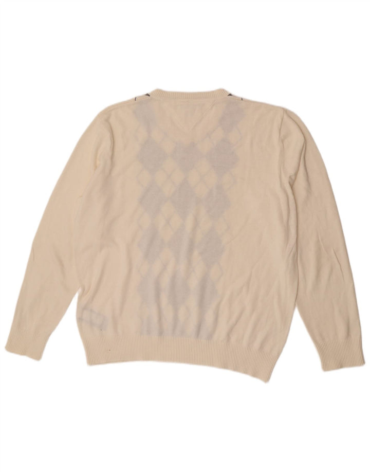 Tommy Hilfiger Mens V-Neck Jumper Sweater Large Off White Argyle/Diamond