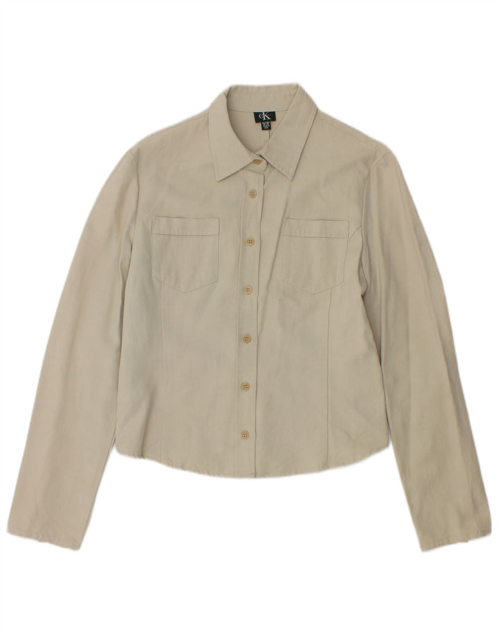 CALVIN KLEIN Womens Crop Shirt US 10 Large Beige Cotton