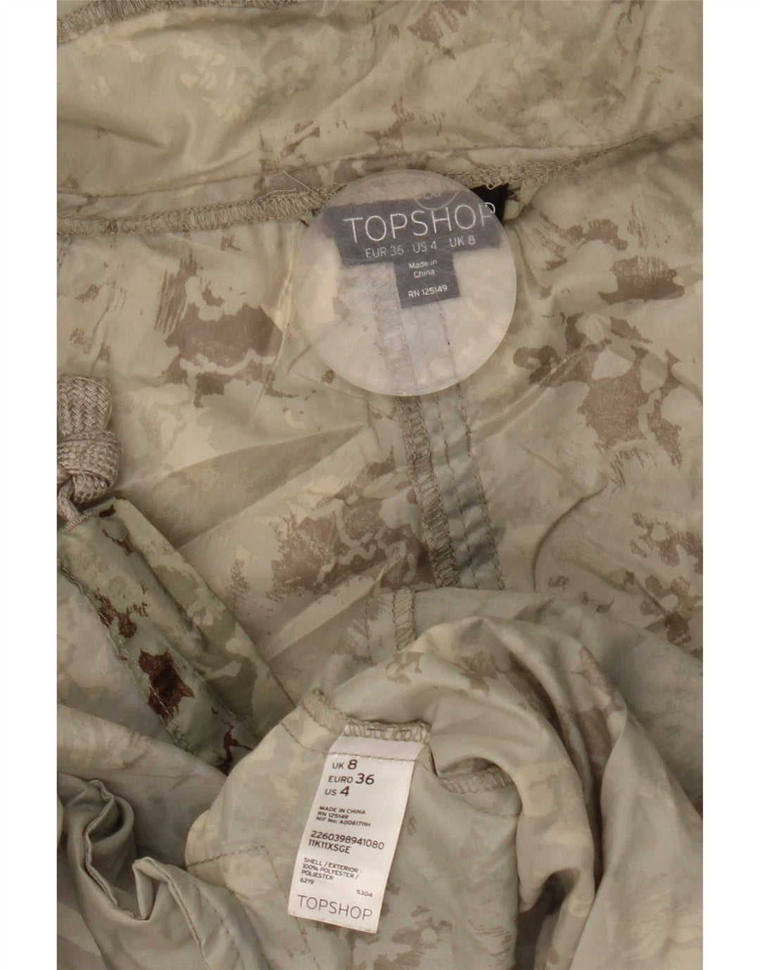 Topshop Womens Hooded Parka Jacket UK 8 Small Green Camouflage Polyester