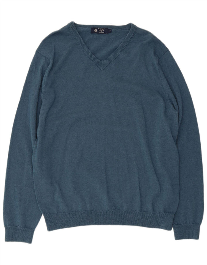 J. Crew Mens V-Neck Jumper Sweater Large Blue Merino Wool