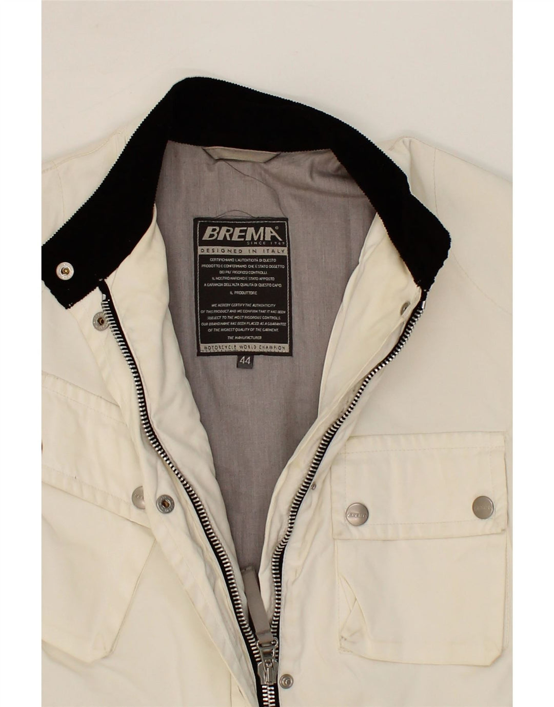 BREMA Womens Graphic Utility Jacket IT 44 Medium White Polyamide Vintage Brema and Second-Hand Brema from Messina Hembry 