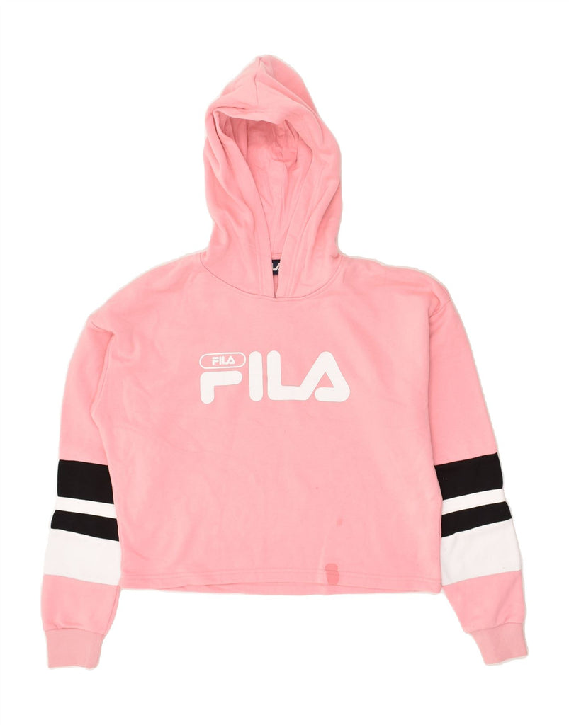 FILA Womens Crop Graphic Hoodie Jumper UK 10 Small Pink Cotton | Vintage Fila | Thrift | Second-Hand Fila | Used Clothing | Messina Hembry 