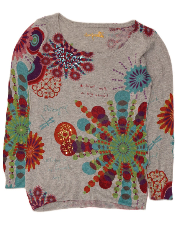 Desigual Womens Graphic Boat Neck Jumper Sweater UK 10 Small Grey Floral