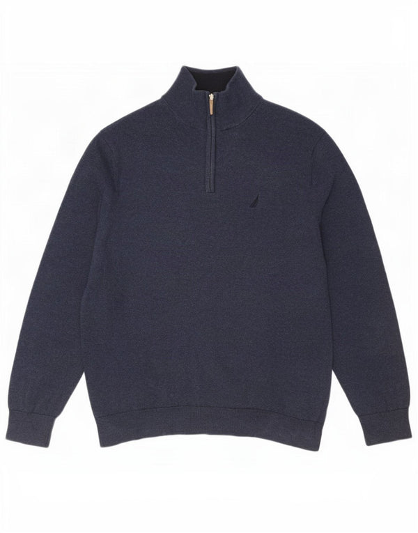 Nautica Mens Zip Neck Jumper Sweater Large Navy Blue Cotton