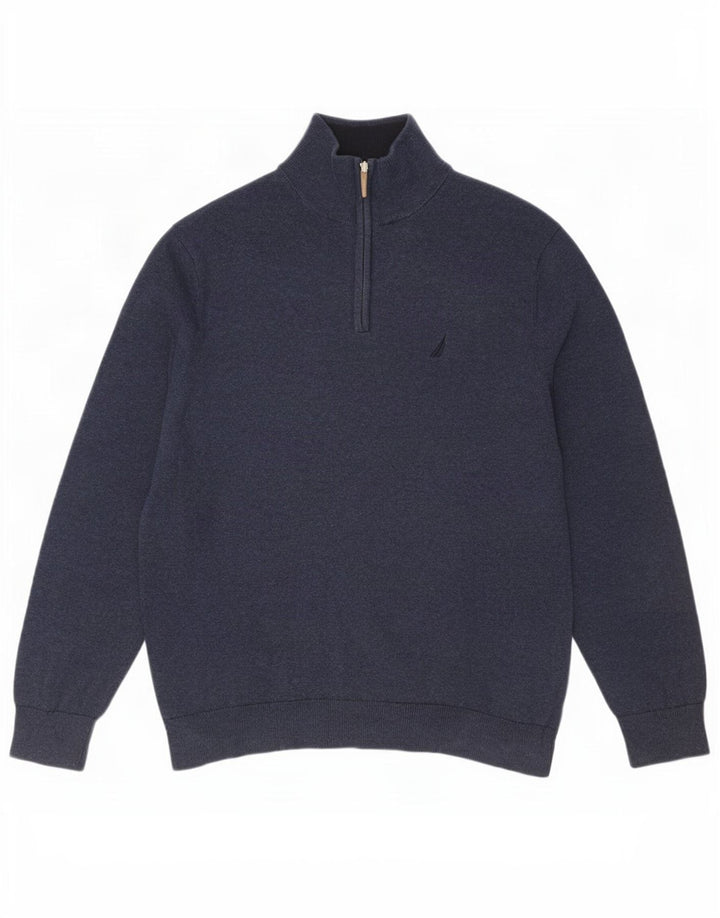 Nautica Mens Zip Neck Jumper Sweater Large Navy Blue Cotton