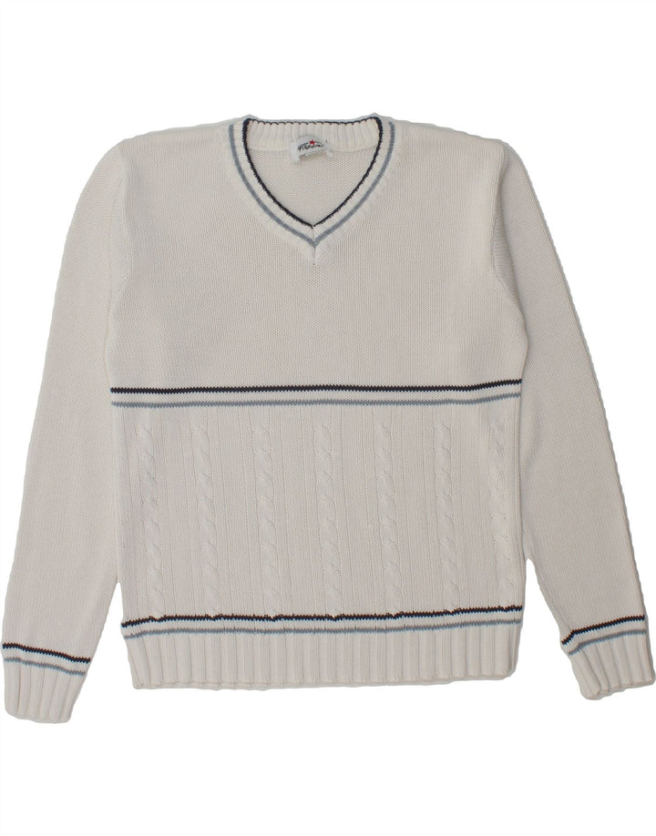 FLASH LIGHTS Mens V-Neck Jumper Sweater Medium White Striped Polyacrylic Vintage Flash Lights and Second-Hand Flash Lights from Messina Hembry 