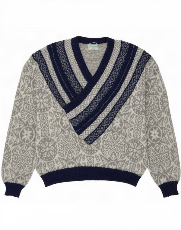 Benetton Womens V-Neck Jumper Sweater UK 18 XL Grey Geometric