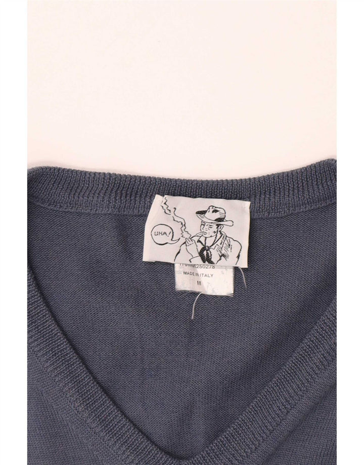 Vintage Mens V-Neck Jumper Sweater Medium Blue Merino Wool