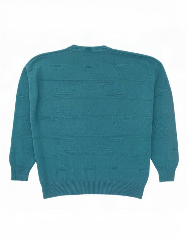 Vintage Mens V-Neck Jumper Sweater UK 46 XL Blue Geometric Acrylic