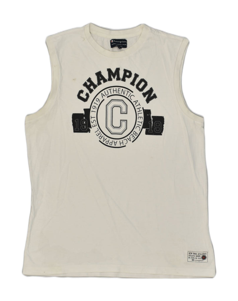 CHAMPION Mens Graphic Vest Top XL White Cotton | Vintage Champion | Thrift | Second-Hand Champion | Used Clothing | Messina Hembry 