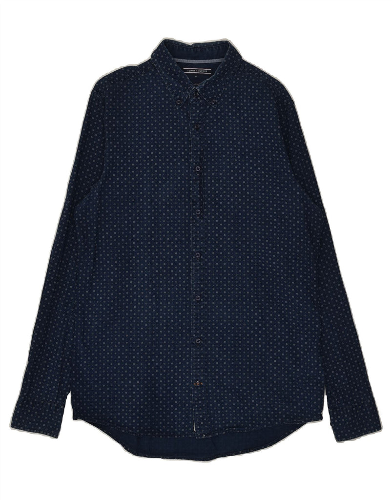 TOMMY HILFIGER Mens Indigo Shirt Medium Navy Blue Spotted Cotton | Vintage Tommy Hilfiger | Thrift | Second-Hand Tommy Hilfiger | Used Clothing | Messina Hembry 