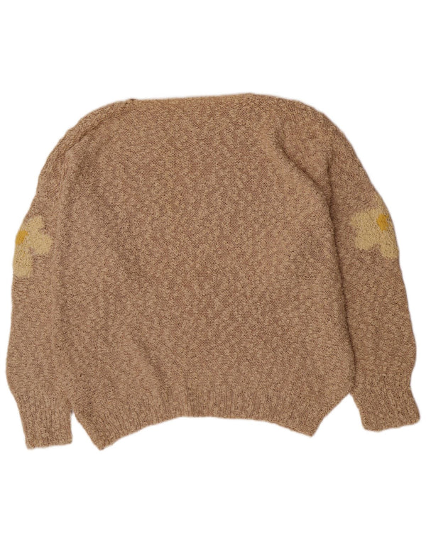 Vintage Womens Relaxed Fit Boat Neck Jumper Sweater UK 20 2XL Beige Floral