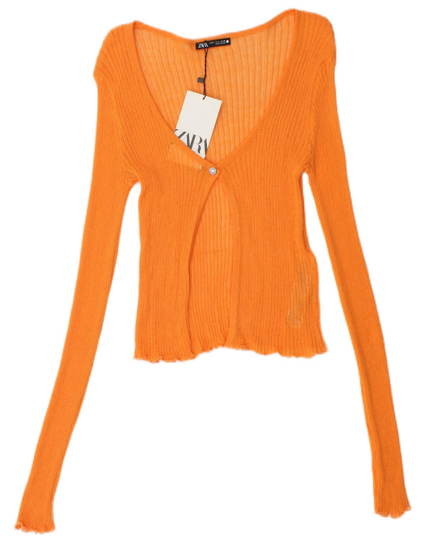 Zara Womens See Through Crop Cardigan Sweater UK 10 Small Orange Viscose