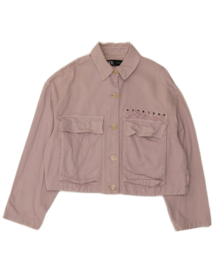 Zara Womens Oversized Crop Denim Jacket UK 6 XS Pink Cotton