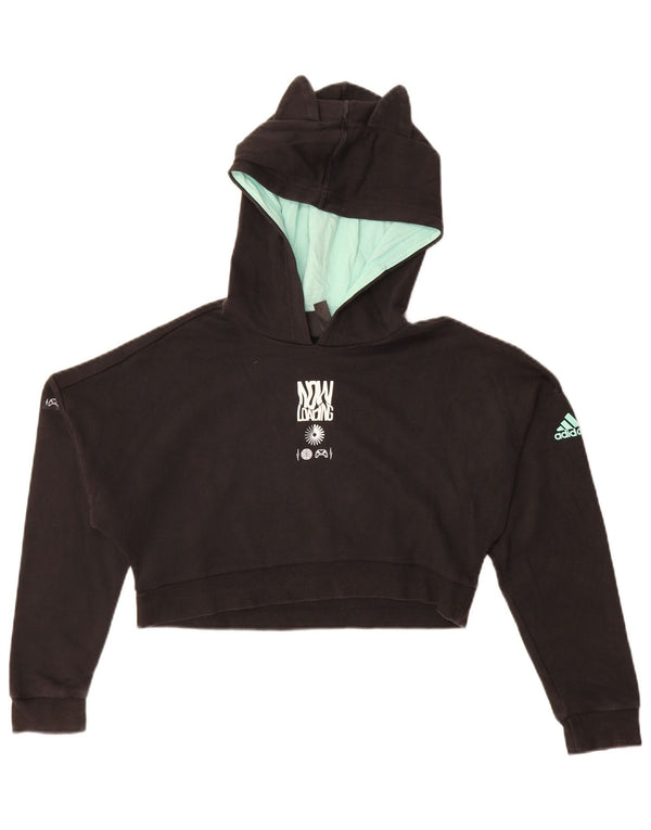 Adidas Girls Graphic Crop Hoodie Jumper 11-12 Years Black Cotton