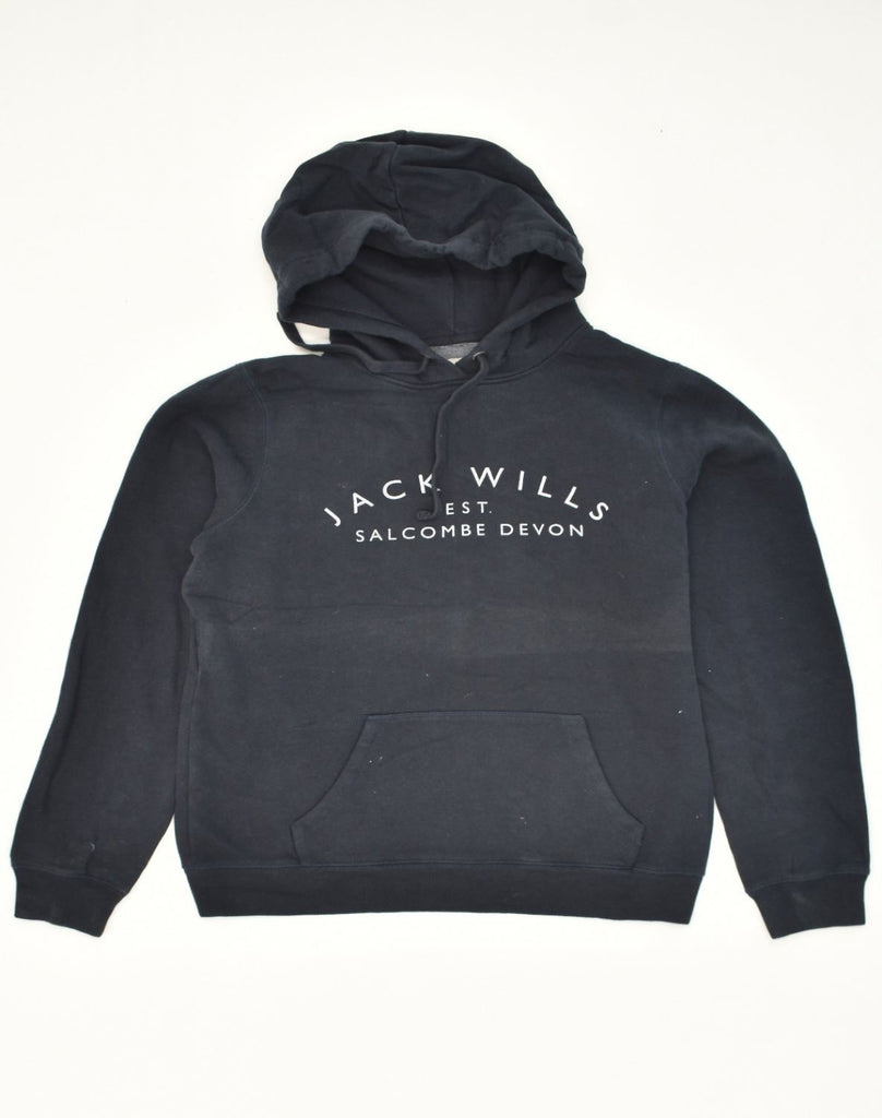 JACK WILLS Womens Graphic Hoodie Jumper UK 12 Medium Black Cotton | Vintage Jack Wills | Thrift | Second-Hand Jack Wills | Used Clothing | Messina Hembry 