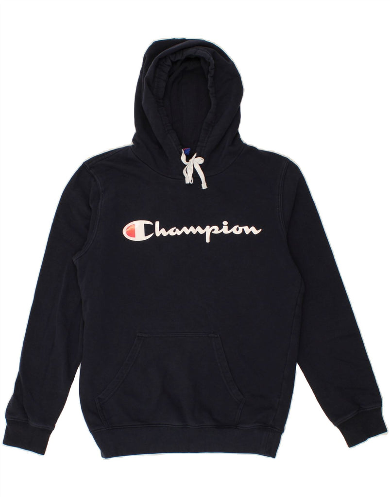 CHAMPION Mens Graphic Hoodie Jumper Small Navy Blue Cotton | Vintage Champion | Thrift | Second-Hand Champion | Used Clothing | Messina Hembry 