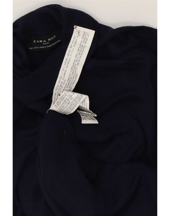 Zara Mens Roll Neck Jumper Sweater Large Navy Blue Viscose
